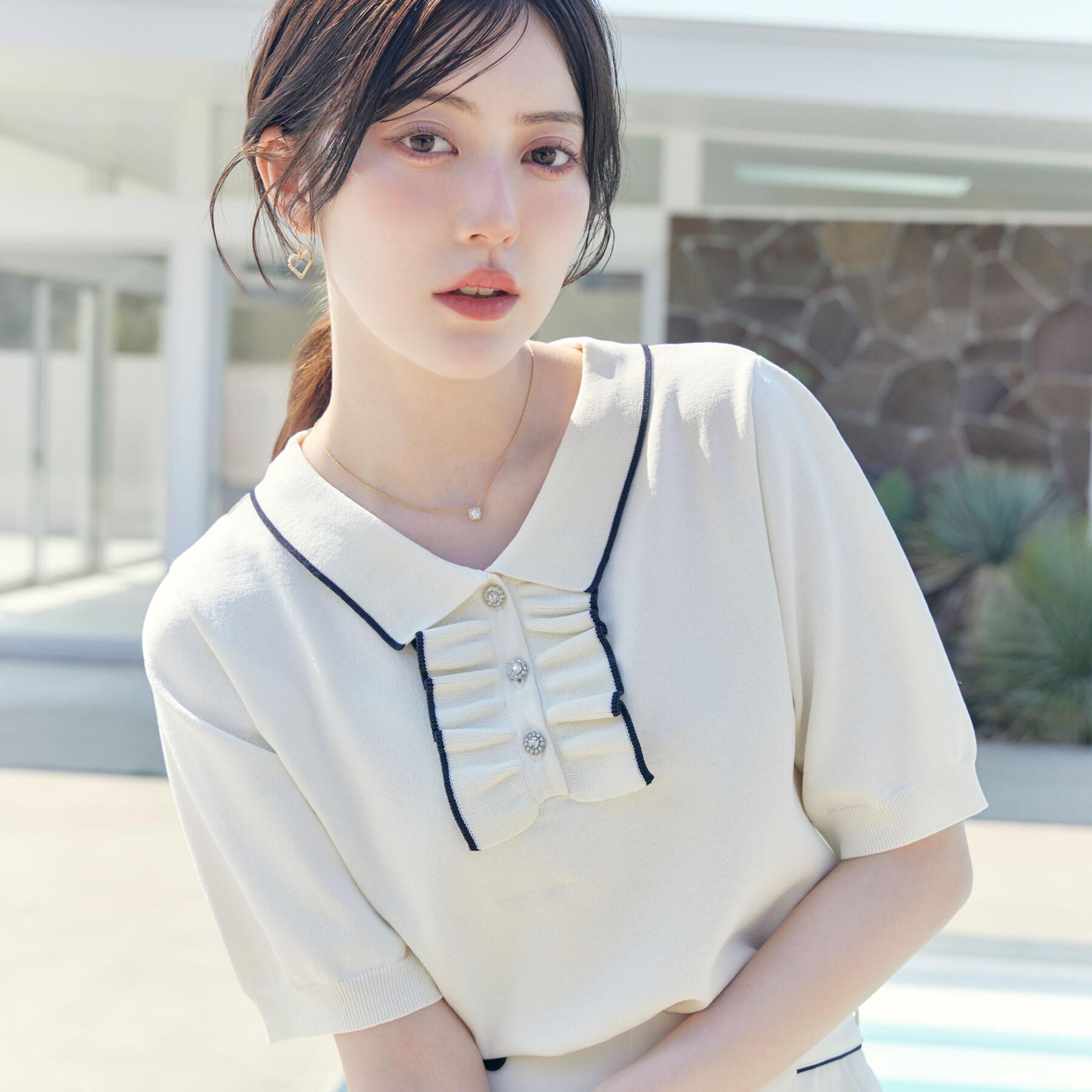 Couture broach「【洗える】フリル ポロ衿ニット」|ニット・セーター|オフホワイト(503