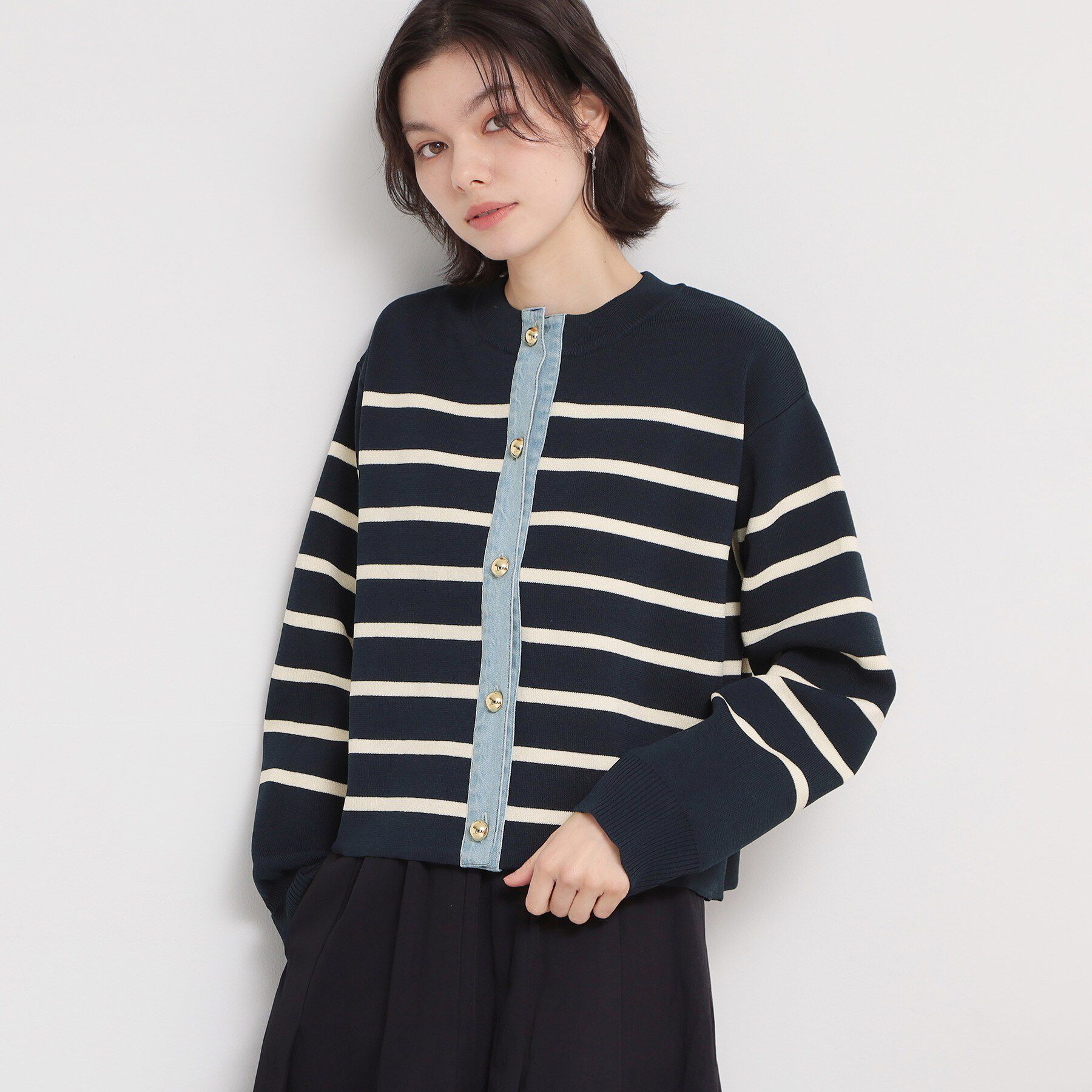 THE SHOP TK「【羽織るだけでこなれ感を演出】デニム切替カーディガン」|カーディガン|ネイビー(394)