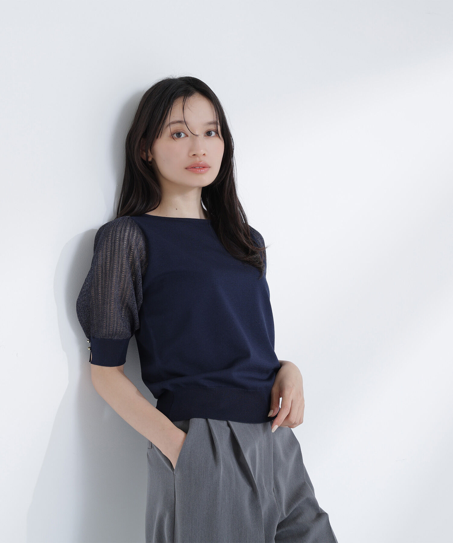  「透かし編みスリーブニット」|ニット・セーター|ネイビー