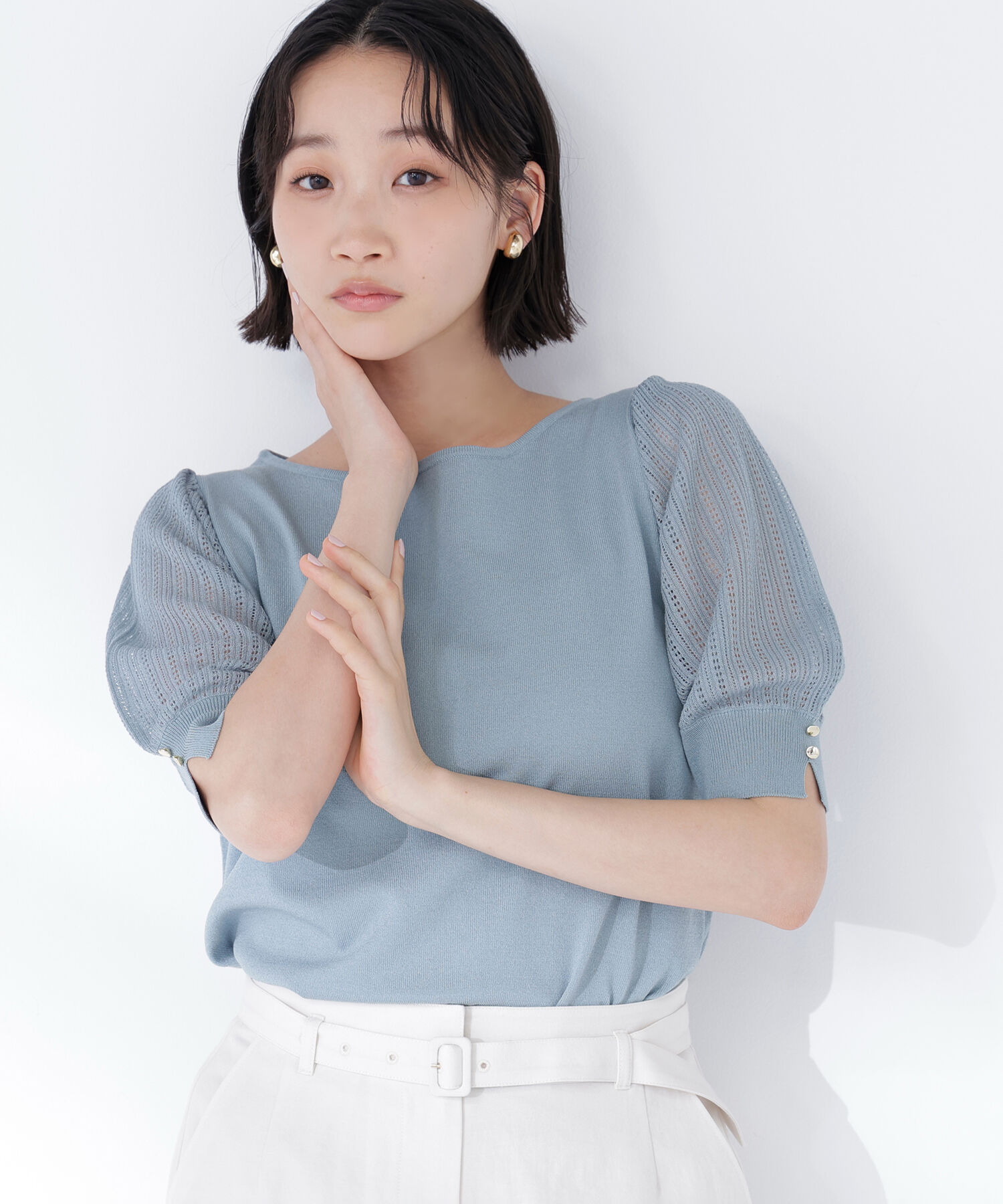  「透かし編みスリーブニット」|ニット・セーター|ライトグリー