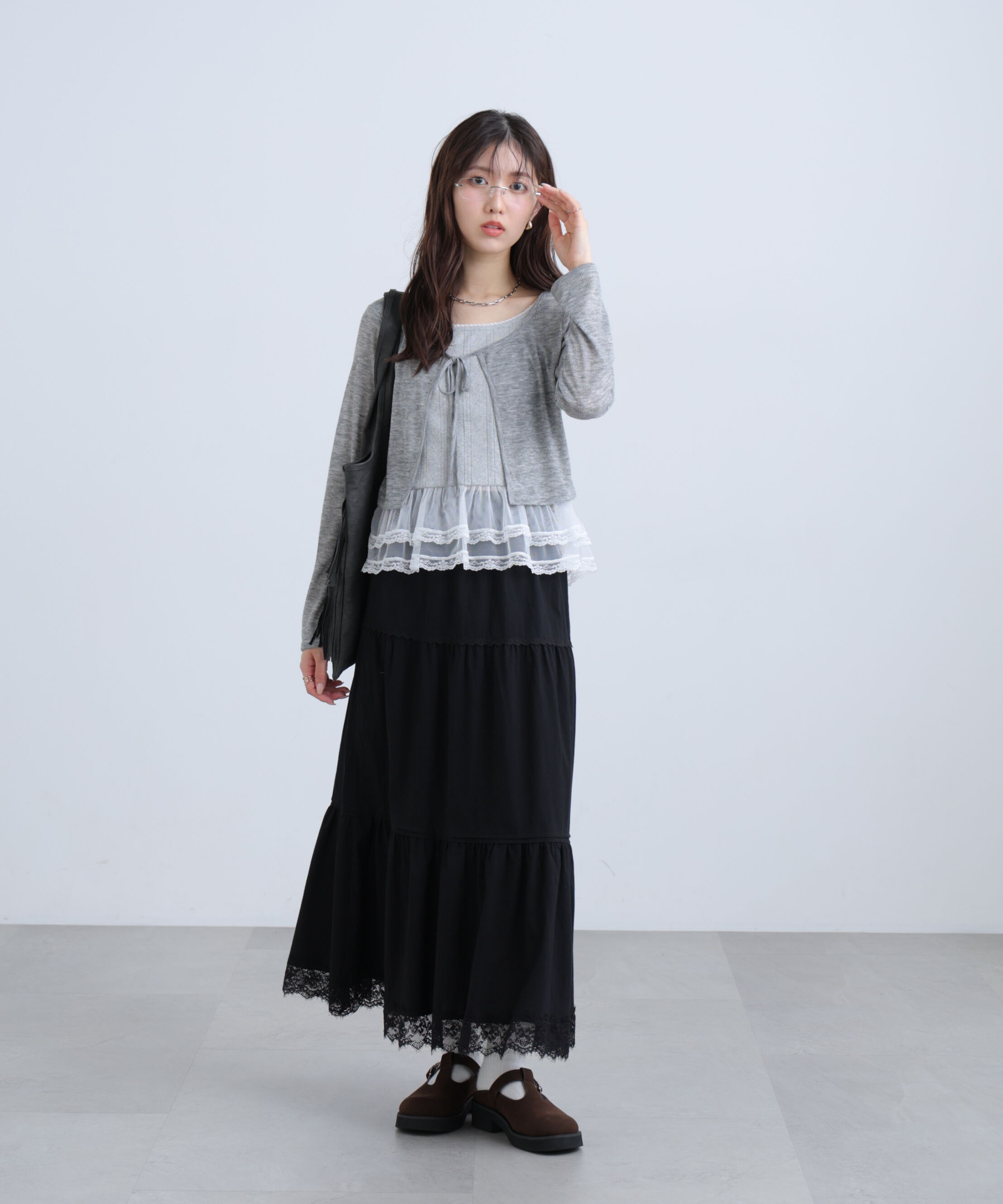  「レイヤード風裾レース長袖カットソー」|Tシャツ・カットソー|