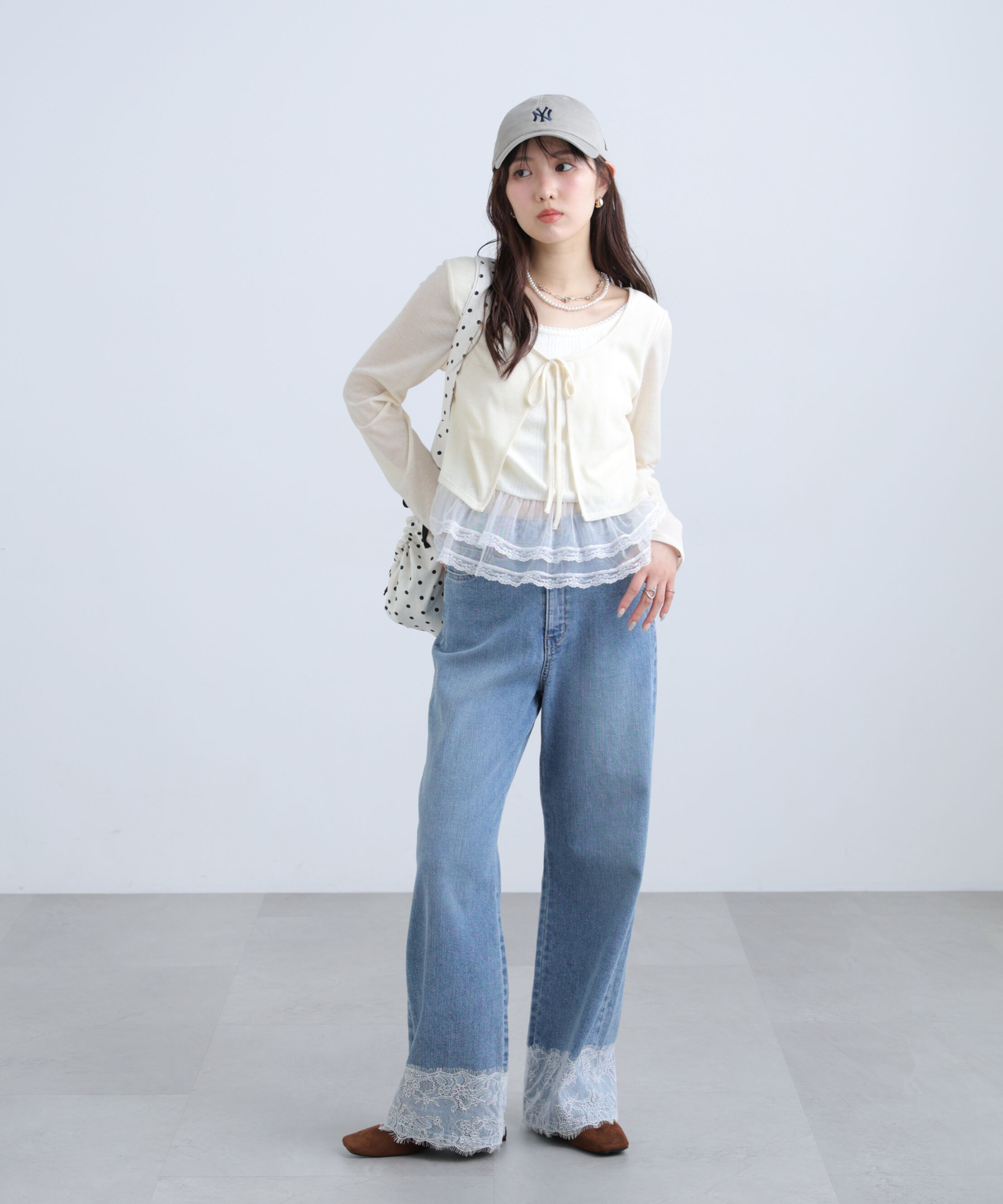  「レイヤード風裾レース長袖カットソー」|Tシャツ・カットソー|