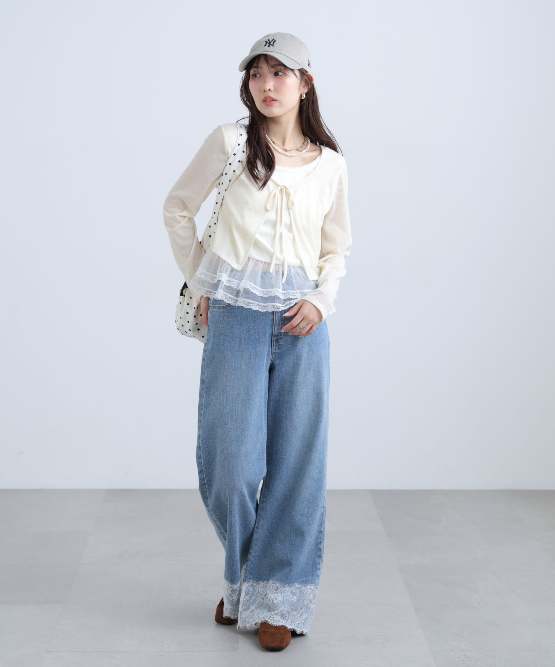  「レイヤード風裾レース長袖カットソー」|Tシャツ・カットソー|