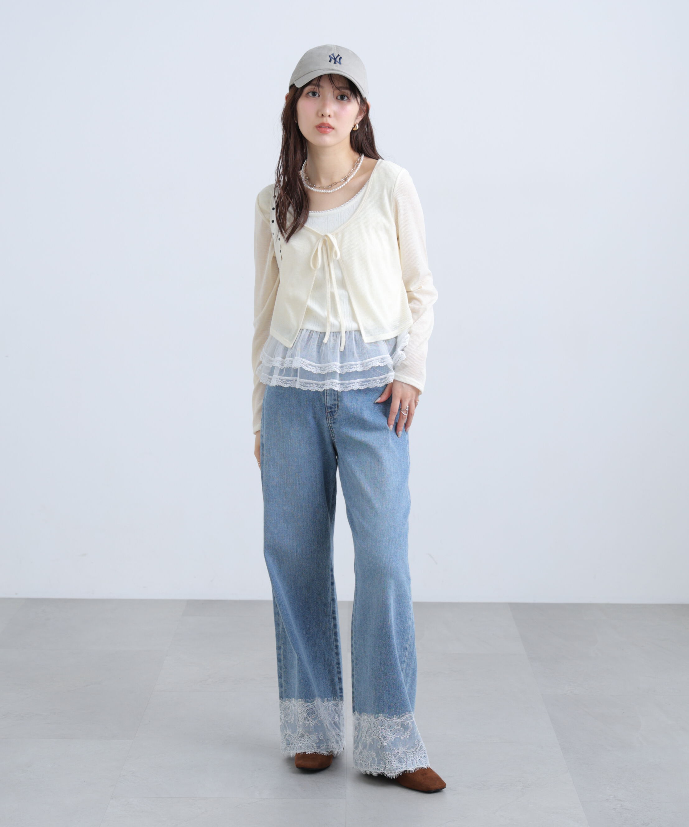  「レイヤード風裾レース長袖カットソー」|Tシャツ・カットソー|