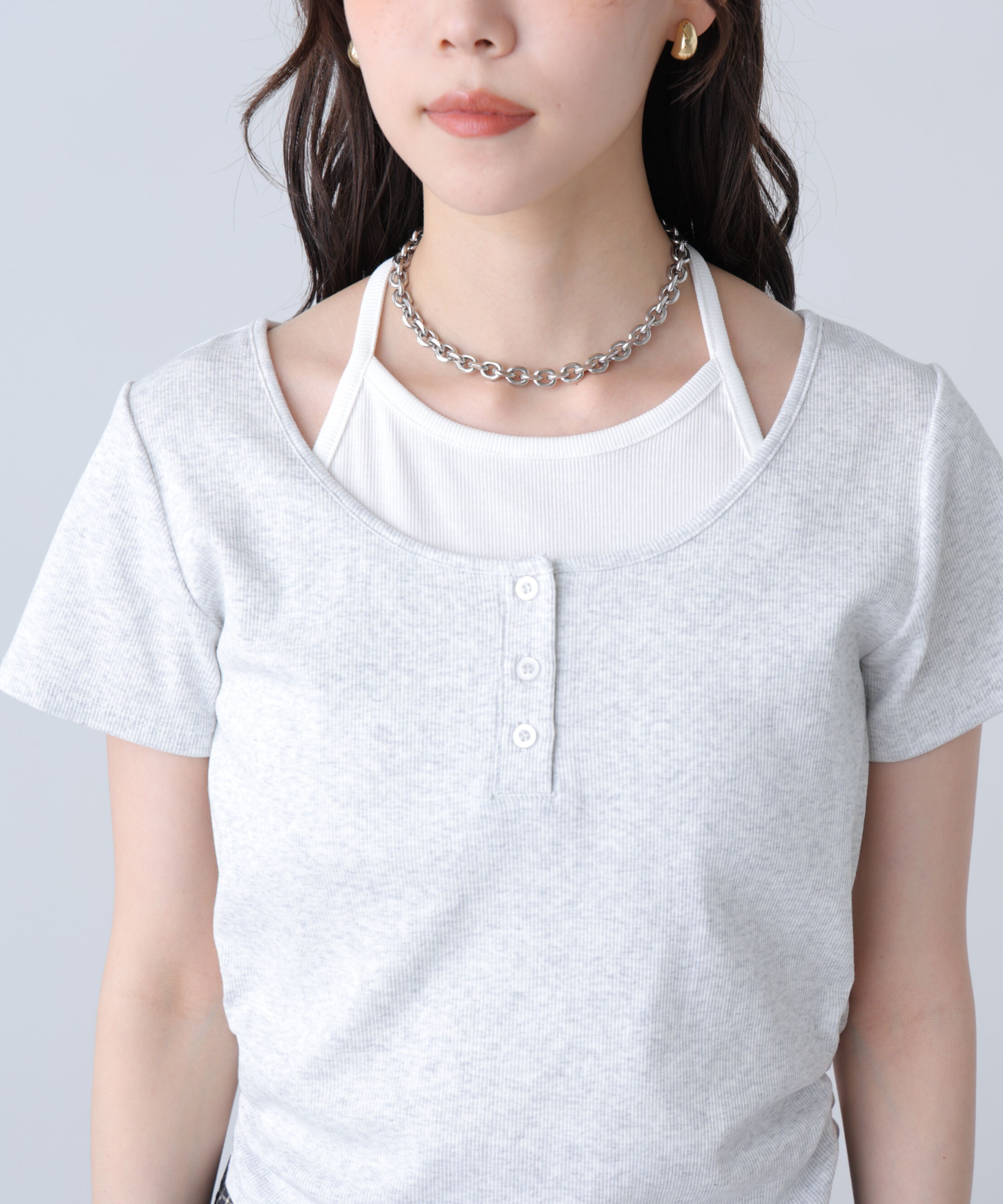  「インナーレイヤードボーダーヘンリーネックTシャツ」|Tシャツ・カットソー|