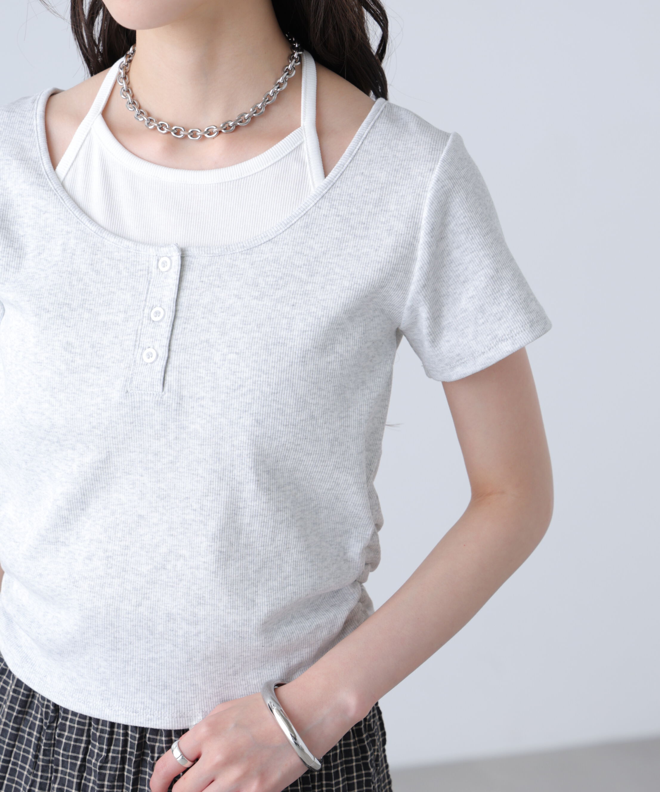  「インナーレイヤードボーダーヘンリーネックTシャツ」|Tシャツ・カットソー|
