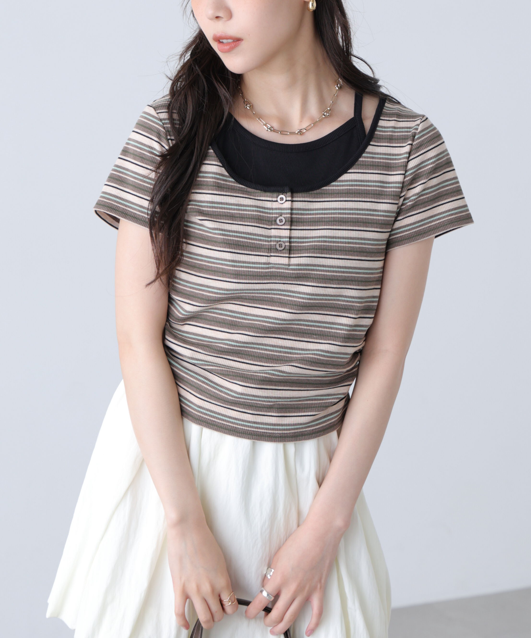  「インナーレイヤードボーダーヘンリーネックTシャツ」|Tシャツ・カットソー|