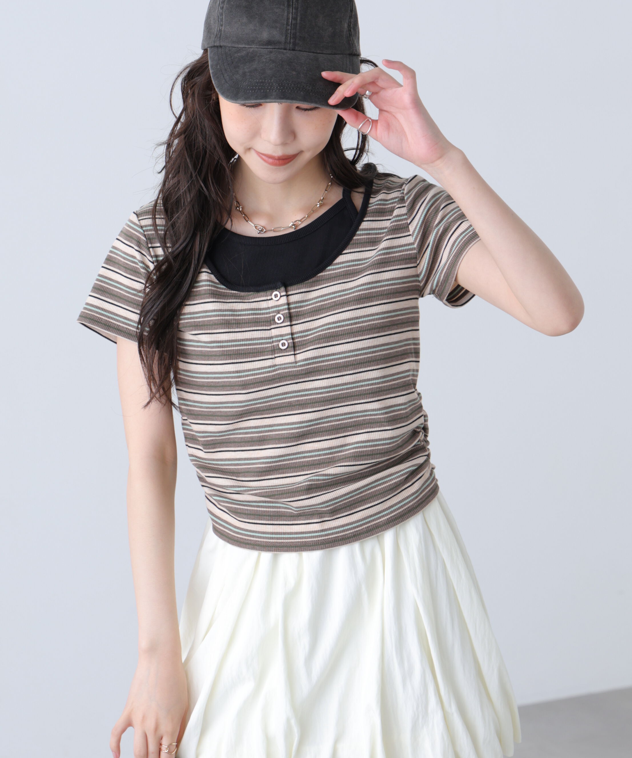  「インナーレイヤードボーダーヘンリーネックTシャツ」|Tシャツ・カットソー|