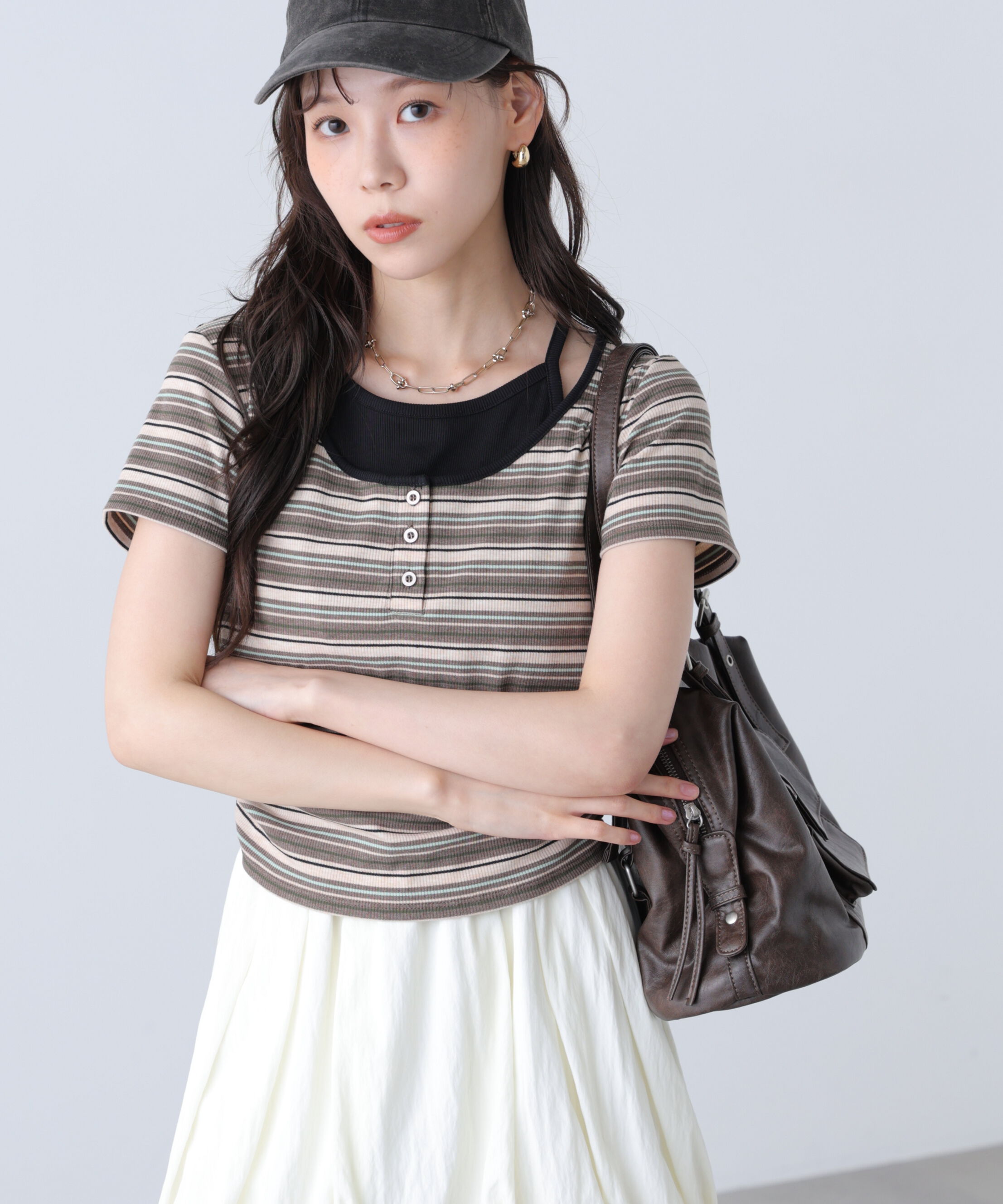  「インナーレイヤードボーダーヘンリーネックTシャツ」|Tシャツ・カットソー|