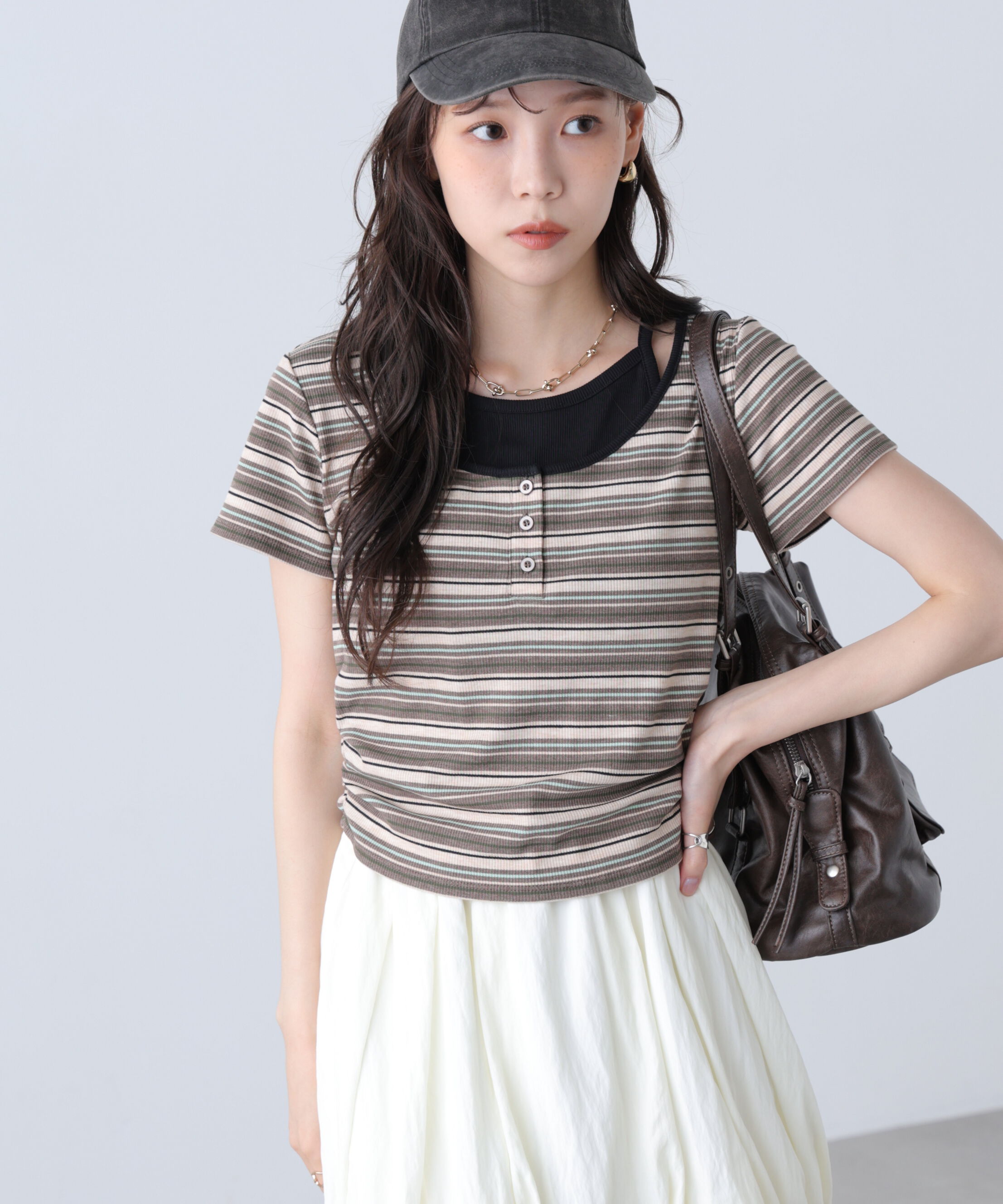  「インナーレイヤードボーダーヘンリーネックTシャツ」|Tシャツ・カットソー|