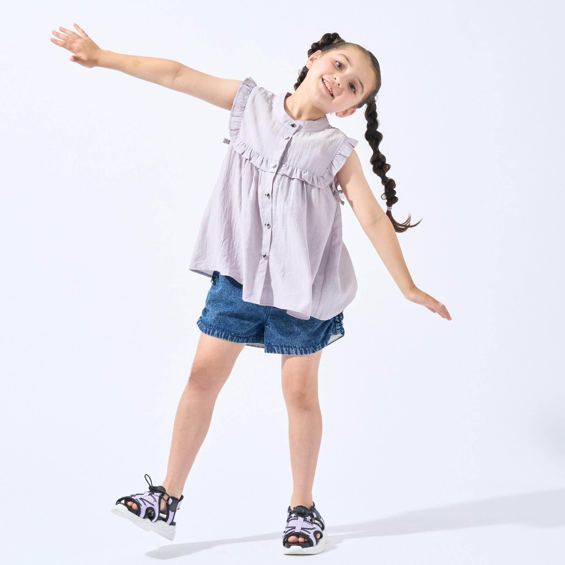 SHOO･LA･RUE「【100-150cm】シャーリングがポイント ケミカルデニムショートパンツ」|キュロット|