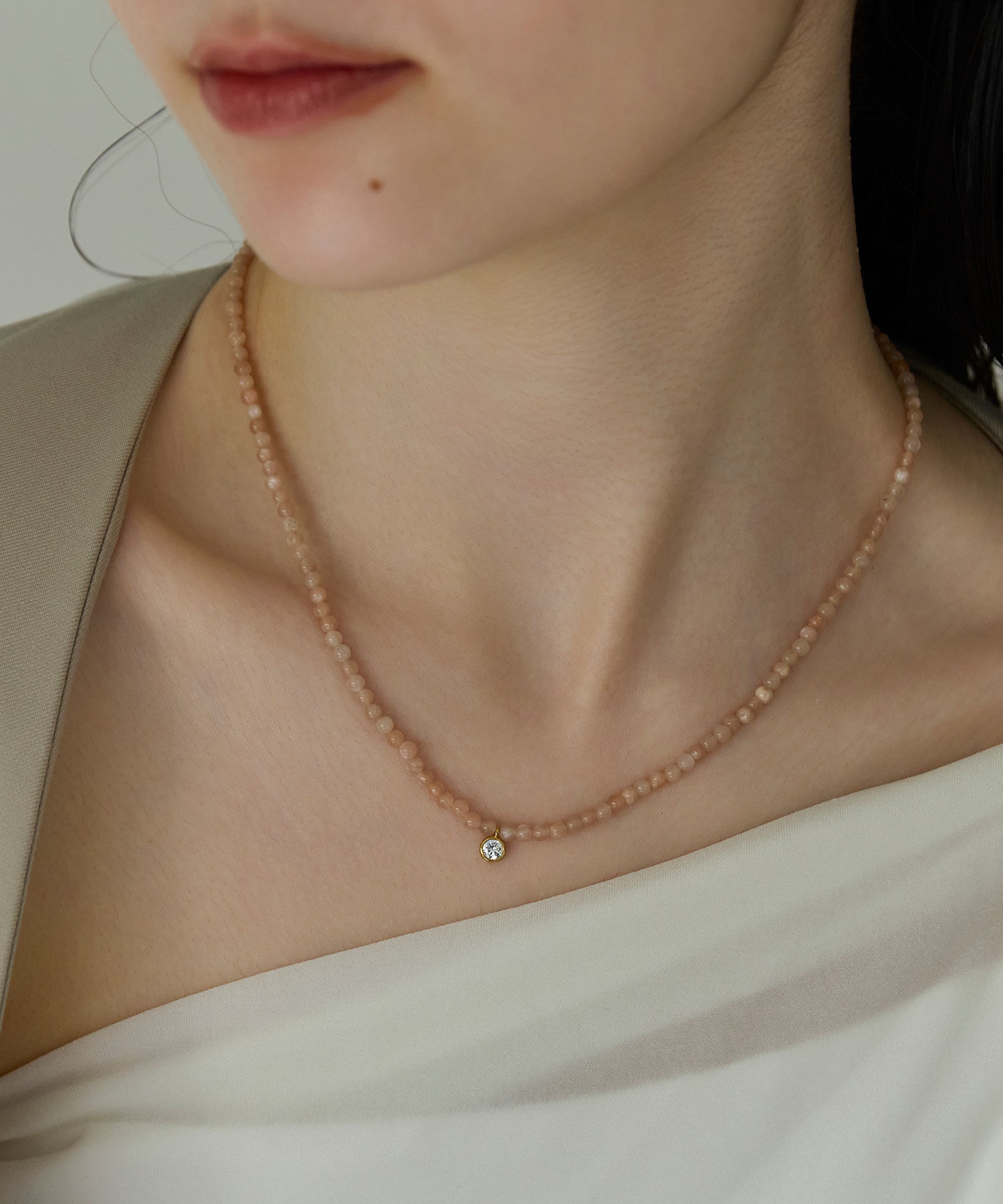 Phoebe「【金属アレルギー対応】ウィスパーストーンネックレス　ピンク　天然石/ビーズネックレス/ステンレス」|ネックレス|