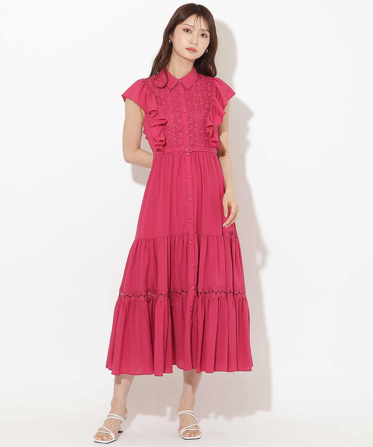 アンドクチュール「レースフリルシャツワンピース」|ワンピース|レッド