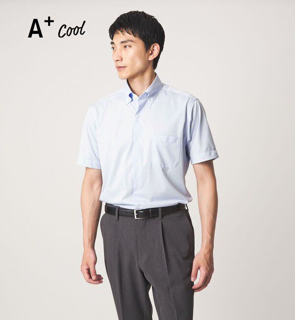 UNITED ARROWS green label relaxing「A+ COOL Pトリコット シャドーストライプ スタンダード ボタンダウン 半袖 ドレスシャツ -ストレッチ・イー」|シャツ・ブラウス|LT.BLUE