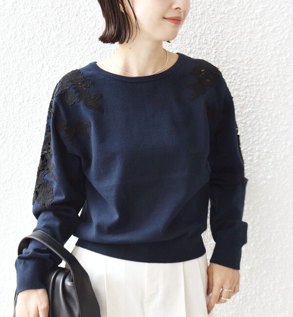 SHIPS for women「【WEB限定】〈手洗い可能〉ショルダー レース コンビ ニット プルオーバー」|ニット・セーター|