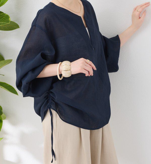  「【インしないでスッキリ/夏にも着れるシアー長袖】ジップドロストブラウス」|シャツ・ブラウス|ネイビー