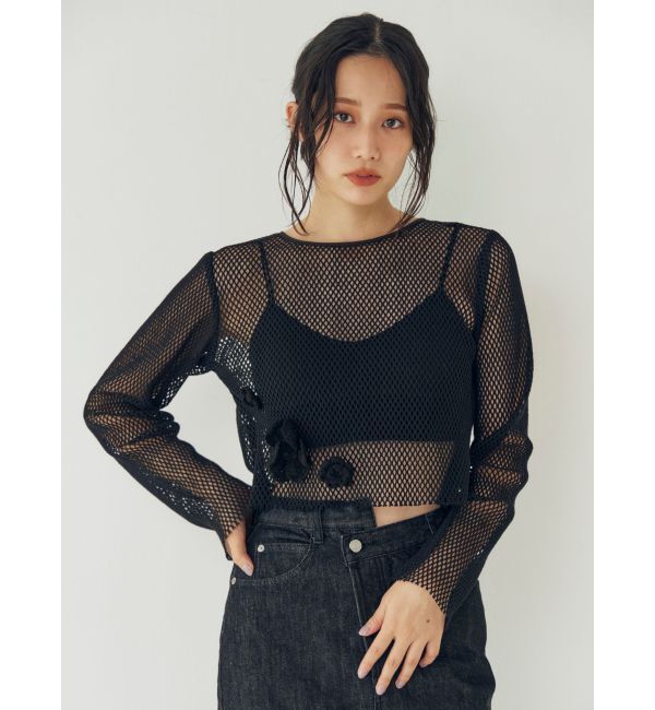 Ungrid「モチーフデザインメッシュロングスリーブTee」|Tシャツ・カットソー|ブラック