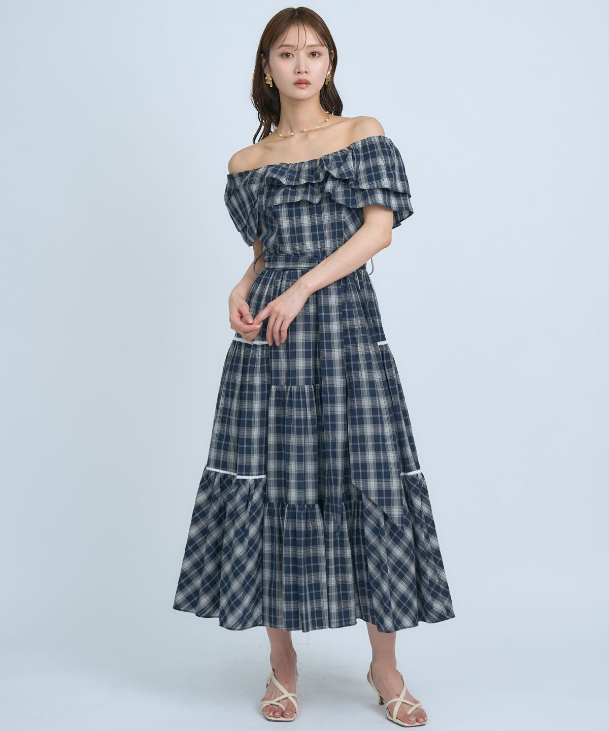 アンドクチュール「オフショルチェックフレアワンピース」|ワンピース|