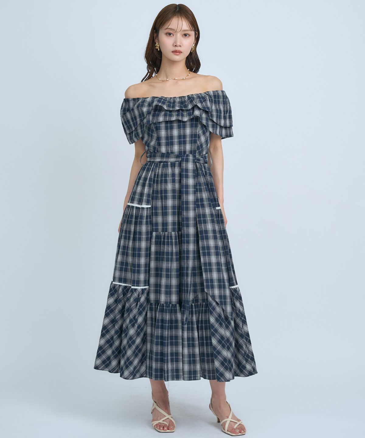 アンドクチュール「オフショルチェックフレアワンピース」|ワンピース|