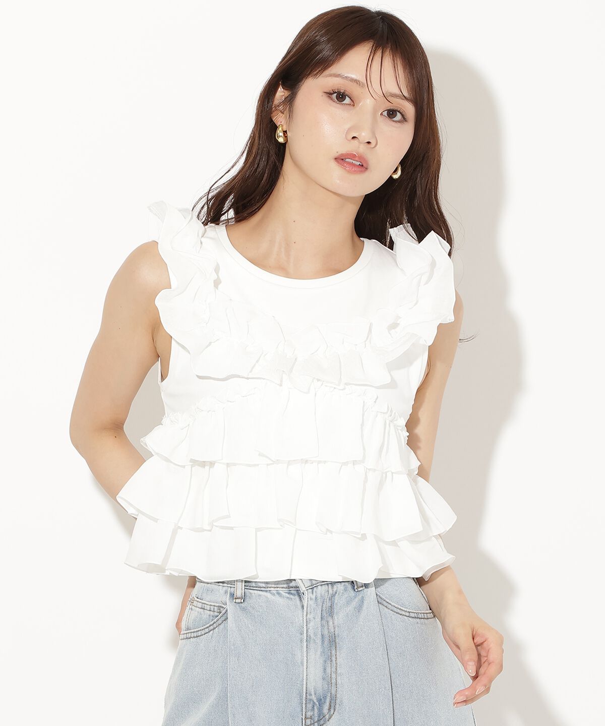アンドクチュール「ティアードフリルコンビノースリーブＴシャツ」|Tシャツ・カットソー|