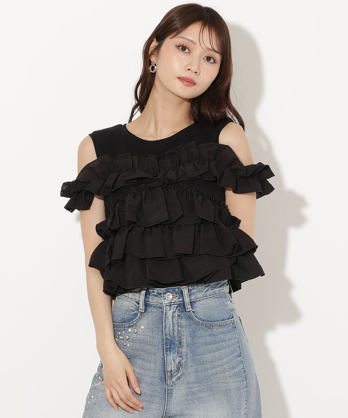 アンドクチュール「ティアードフリルコンビノースリーブＴシャツ」|Tシャツ・カットソー|ブラック