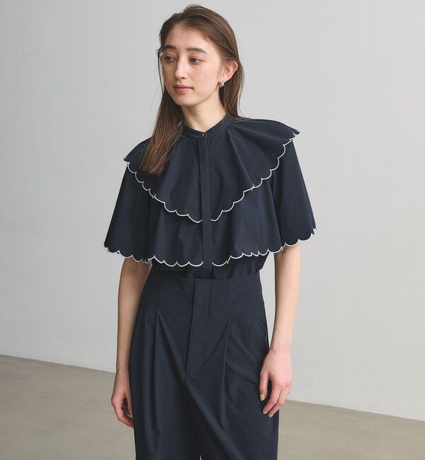 UNITED ARROWS「スカラップ フリル ブラウス ‐はっ水 UVカット 防しわ ウォッシャブル‐」|シャツ・ブラウス|NAVY