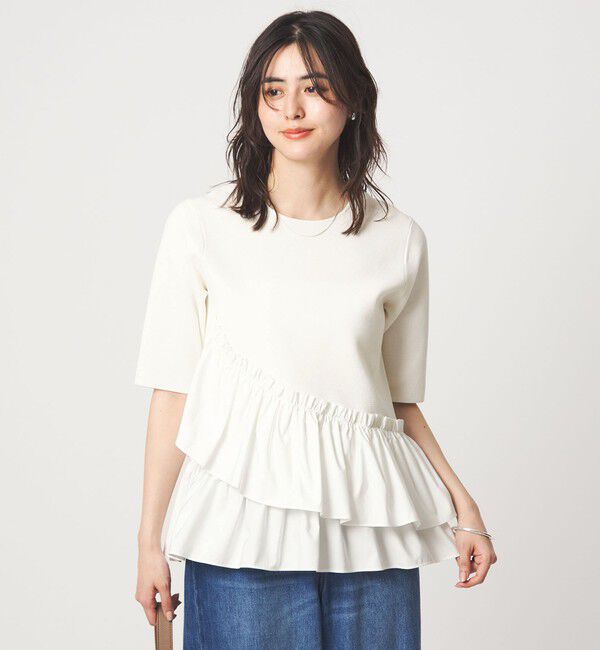 UNITED ARROWS green label relaxing「ドッキング ペプラム ショートスリーブ ニット プルオーバー ウォッシャブル」|ニット・セーター|WHITE