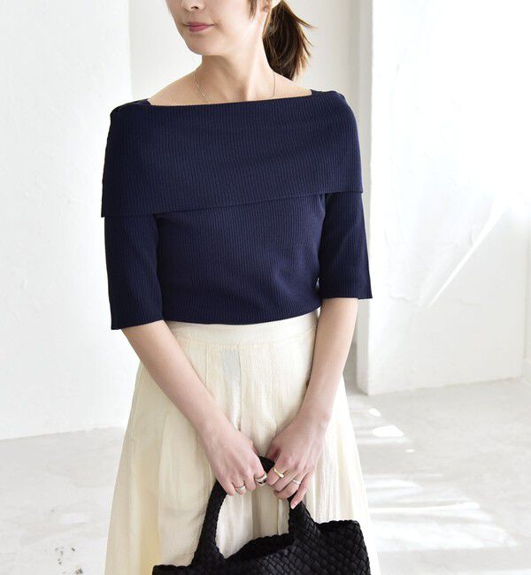 quaranciel「quaranciel:〈洗濯機可能〉オフショルダー ハーフスリーブ リブ ニット」|ニット・セーター|