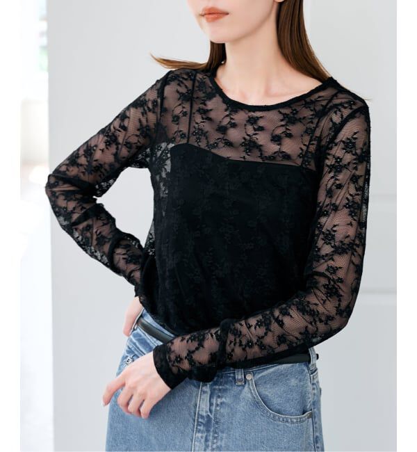 U by SPICK&SPAN「《予約》ストレッチレースクループルオーバー」|Tシャツ・カットソー|ブラック