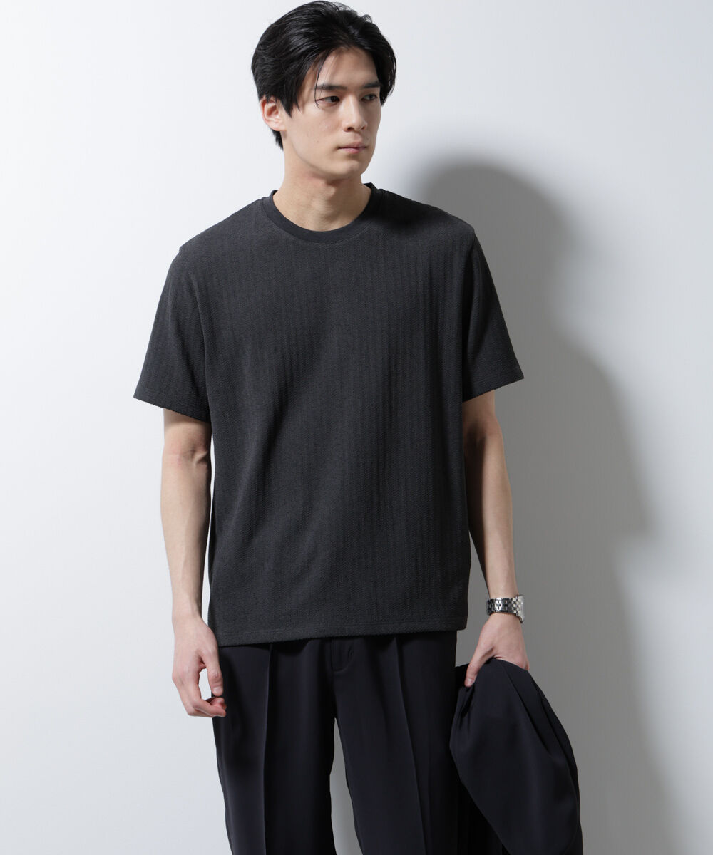 NANO universe「｢Damerino｣ヘリンボンクルーネックTシャツ/防シワ・吸水速乾・UVカット」|Tシャツ・カットソー|チャコール3