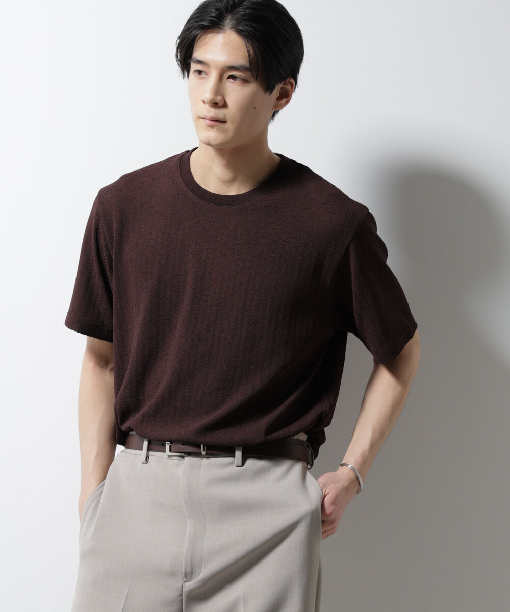 NANO universe「｢Damerino｣ヘリンボンクルーネックTシャツ/防シワ・吸水速乾・UVカット」|Tシャツ・カットソー|