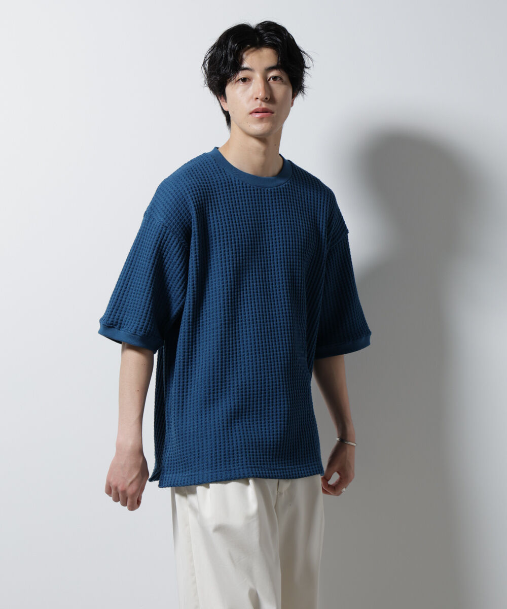 NANO universe「オニワッフルビッグTシャツ 五分袖」|Tシャツ・カットソー|ブルー