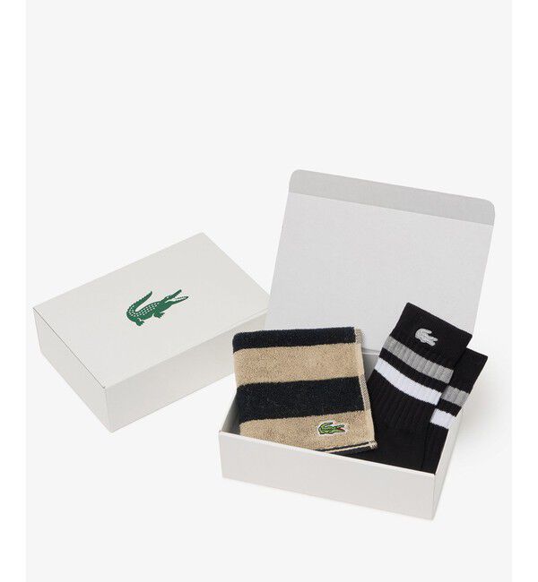 LACOSTE「【EC限定ギフトbox付き】ボーダータオルハンカチ&ラインリブショートソックスセット」|ソックス|ベージュ
