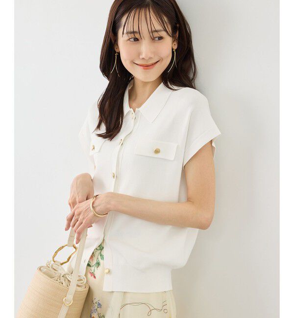 Rope&rsquo;Picnic「八方映えニット 金ボタンフレンチスリーブポロカラーカーディガン/UVカット・接触冷感・イージーケア」|カーディガン|