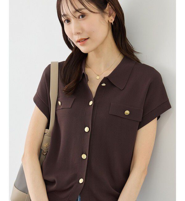 Rope&rsquo;Picnic「八方映えニット 金ボタンフレンチスリーブポロカラーカーディガン/UVカット・接触冷感・イージーケア」|カーディガン|