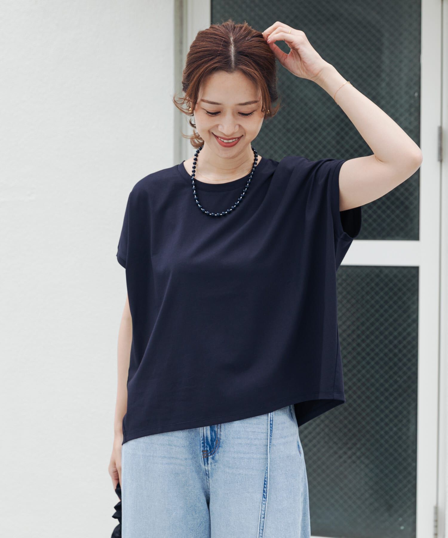 URBAN RESEARCH DOORS「『UR TECH』汗染み防止ドルマンTシャツ」|Tシャツ・カットソー|ネイビー