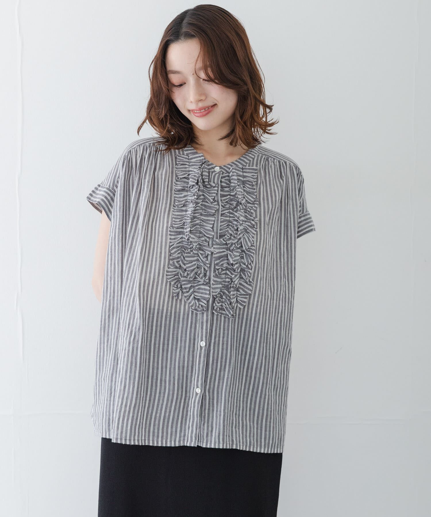 Sonny Label 「ドビーストライプフリルフレンチシャツ」|シャツ・ブラウス|