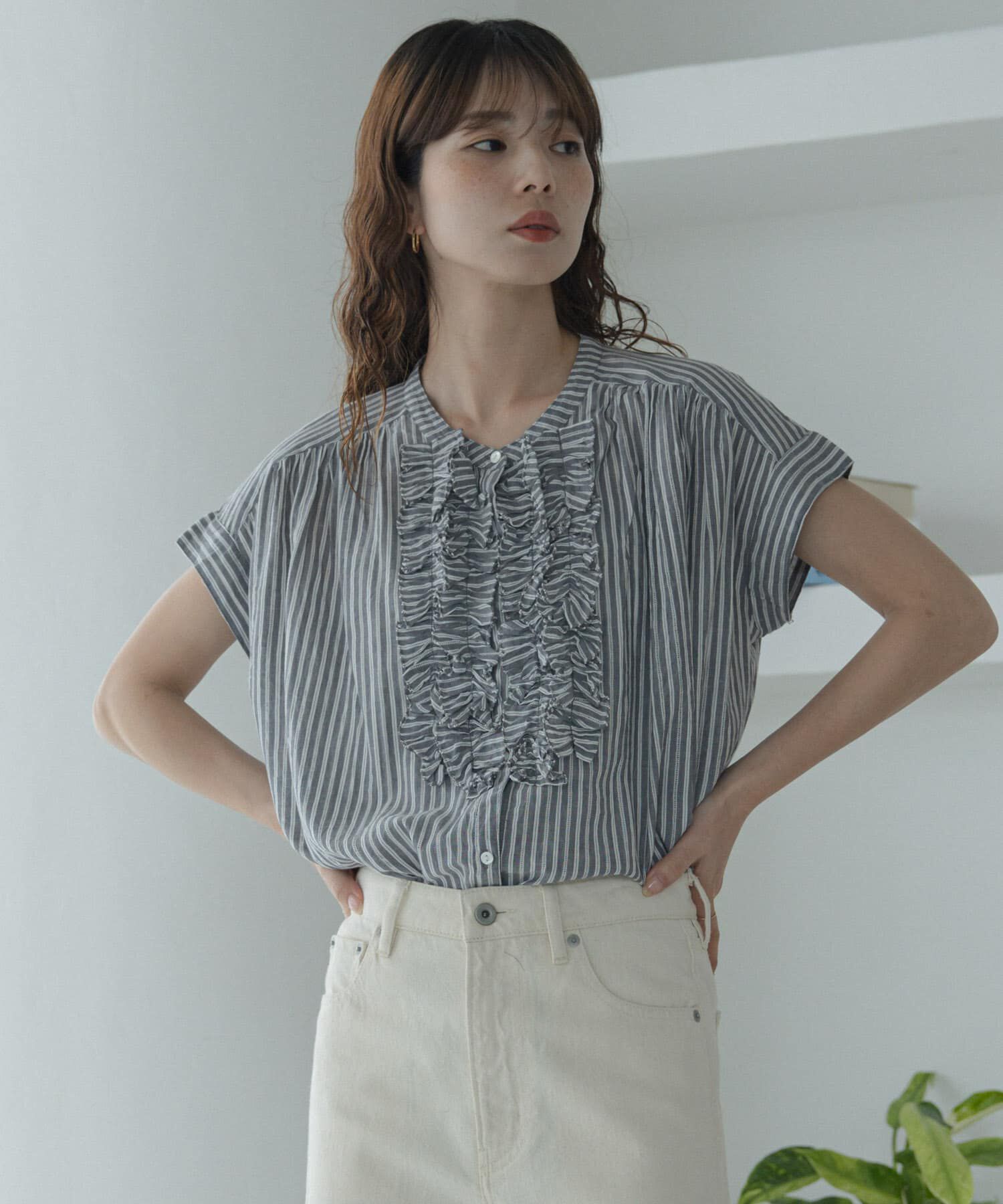 Sonny Label 「ドビーストライプフリルフレンチシャツ」|シャツ・ブラウス|