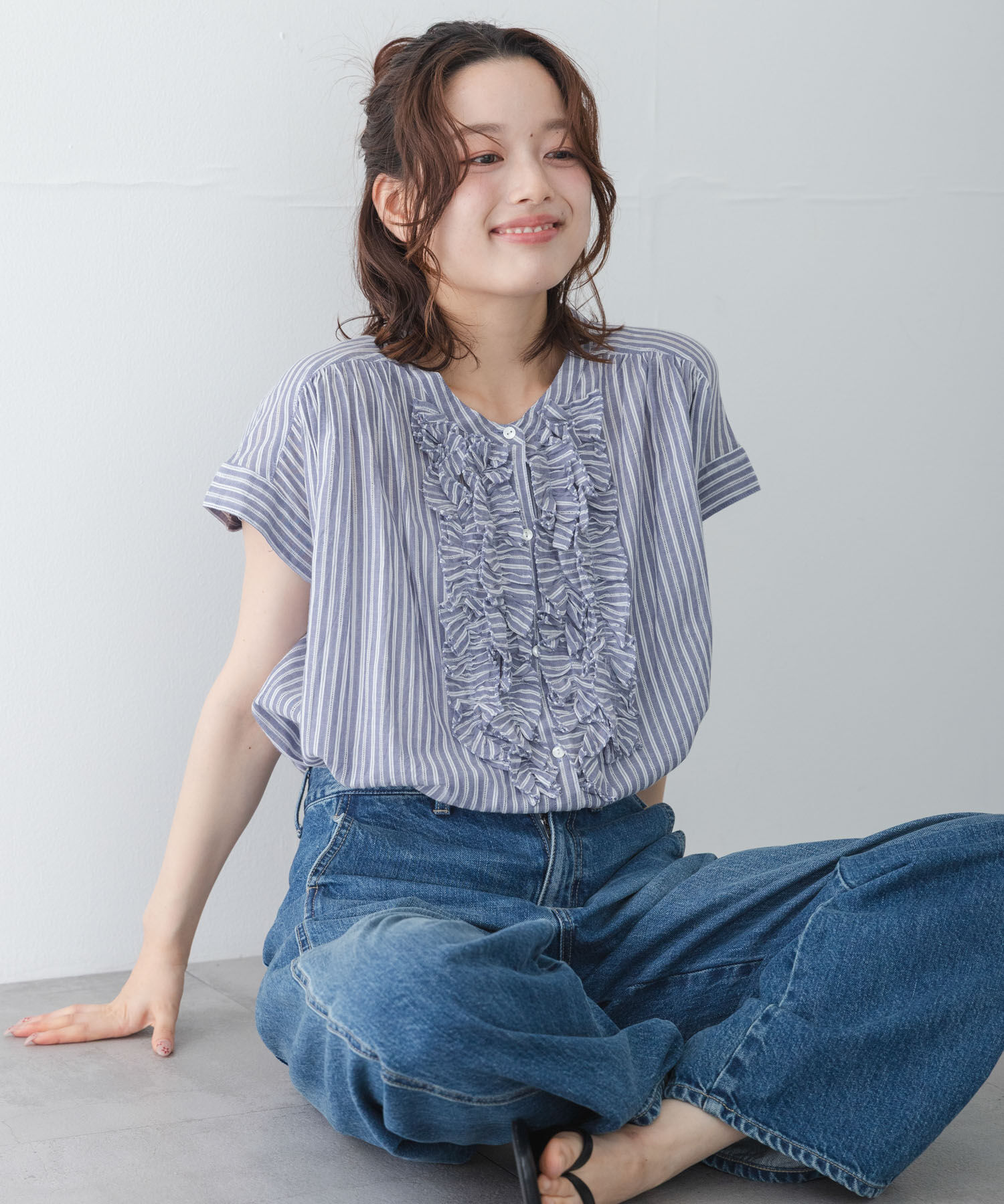 Sonny Label 「ドビーストライプフリルフレンチシャツ」|シャツ・ブラウス|ブルー