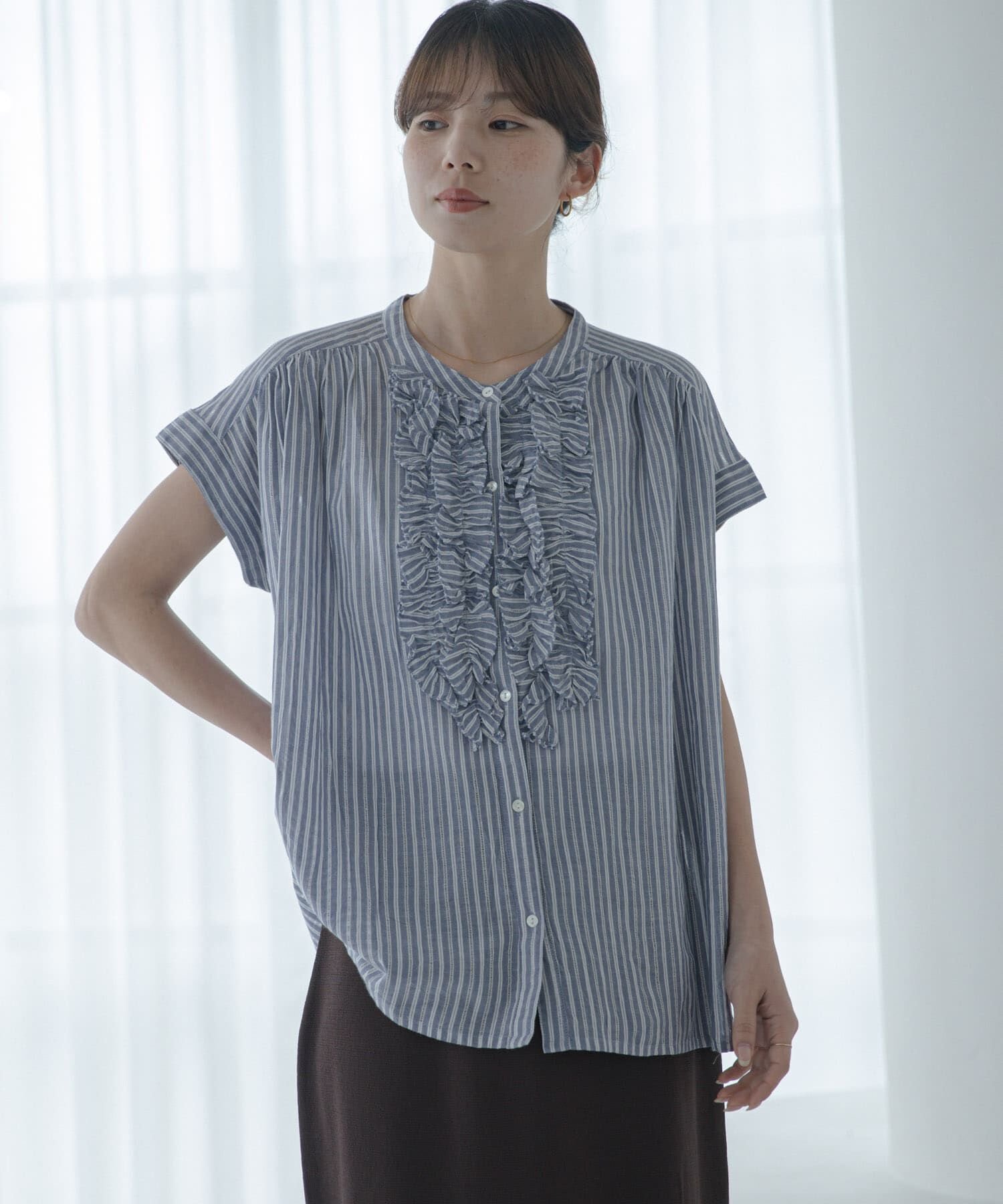 Sonny Label 「ドビーストライプフリルフレンチシャツ」|シャツ・ブラウス|