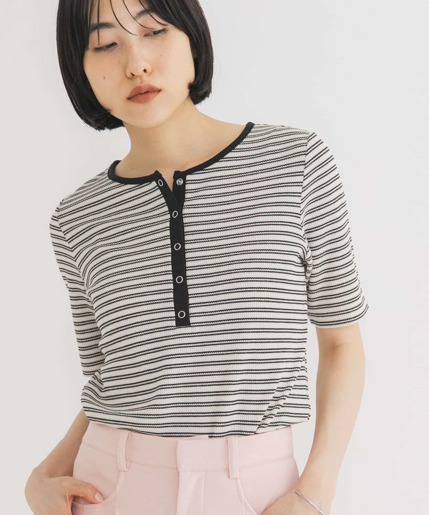  「ワッフルボーダーヘンリネックTEE」|Tシャツ・カットソー|