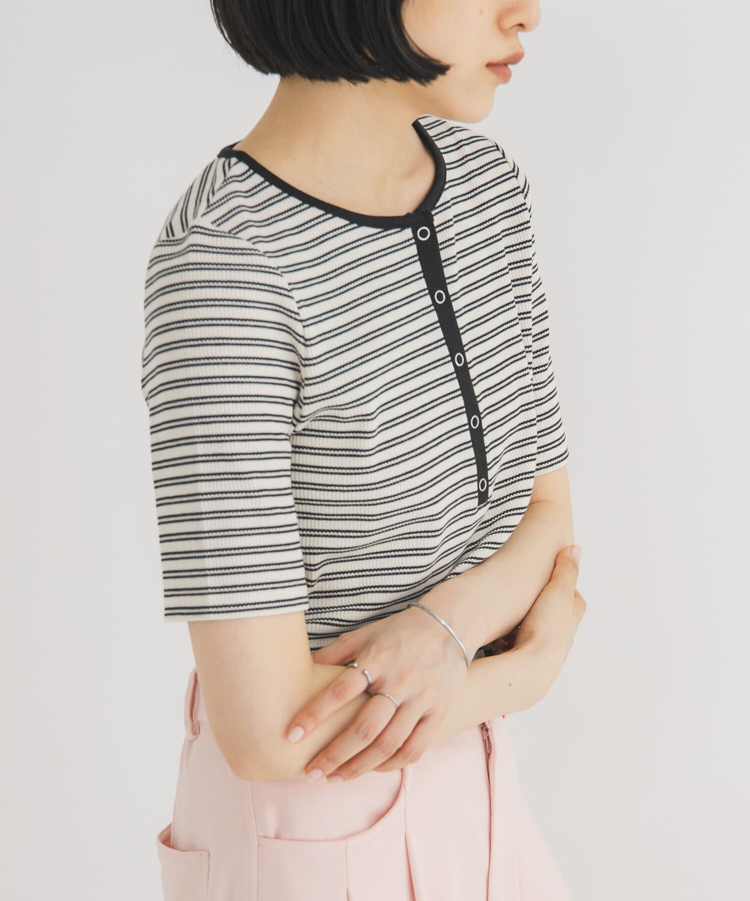  「ワッフルボーダーヘンリネックTEE」|Tシャツ・カットソー|