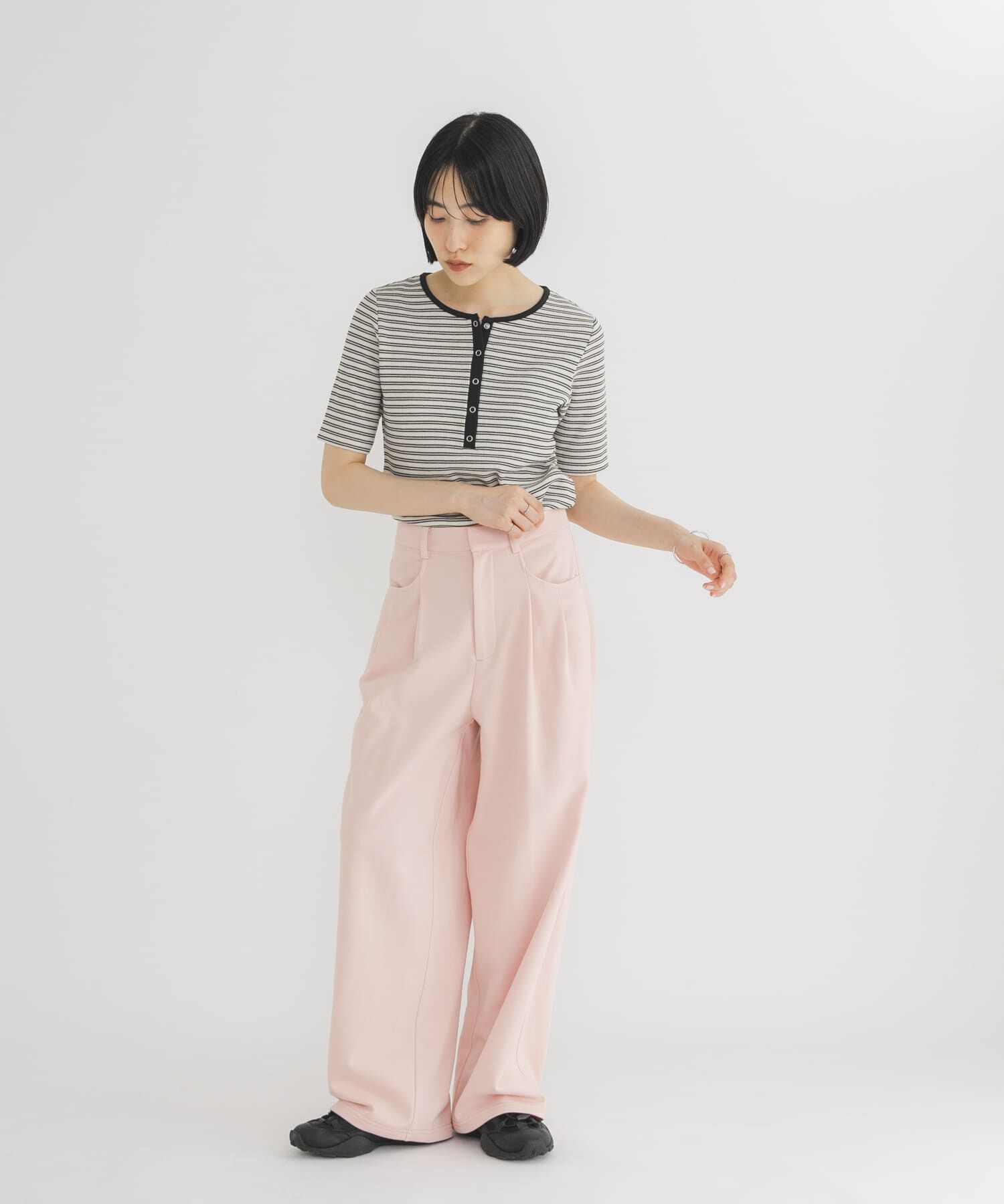  「ワッフルボーダーヘンリネックTEE」|Tシャツ・カットソー|