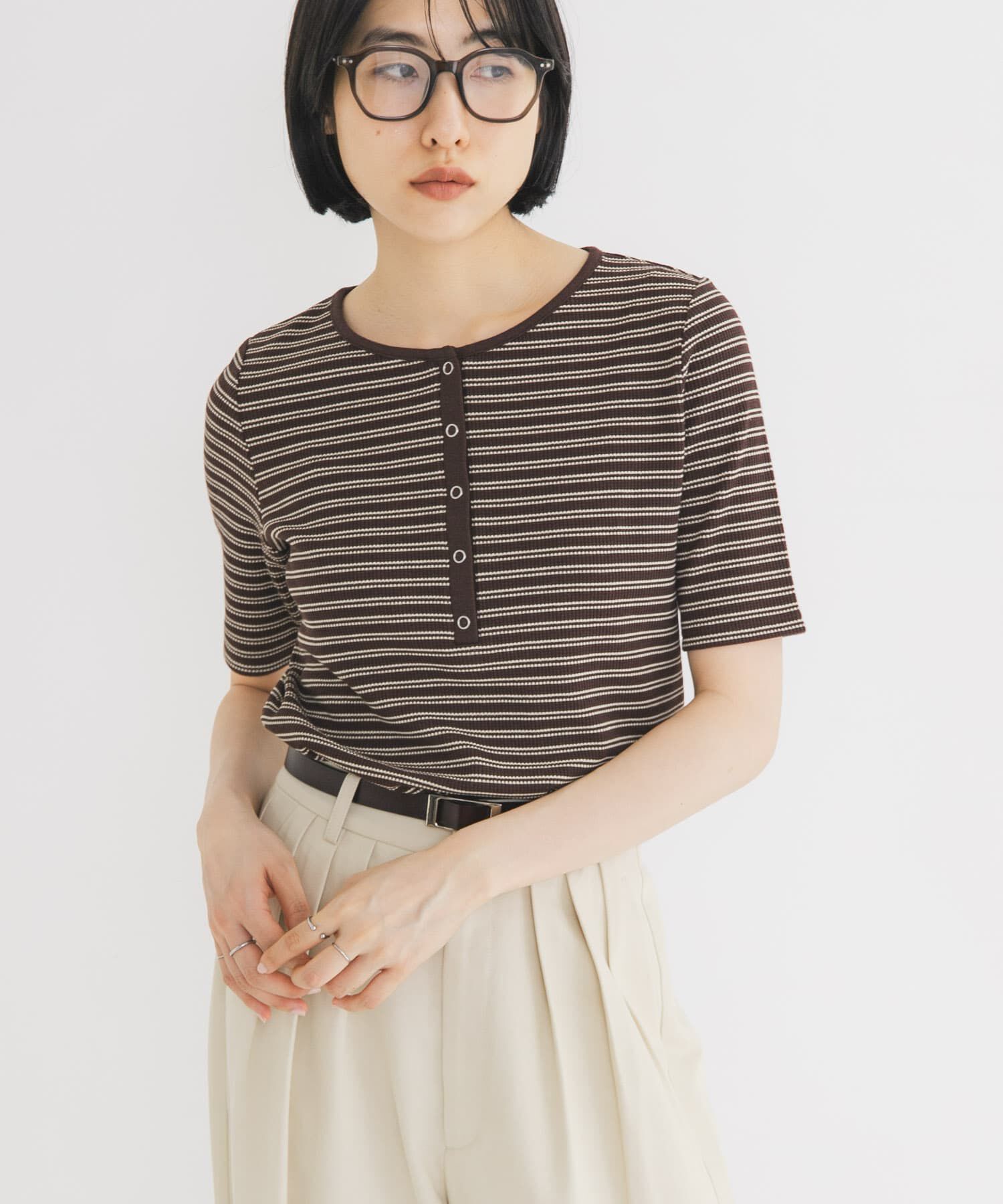  「ワッフルボーダーヘンリネックTEE」|Tシャツ・カットソー|