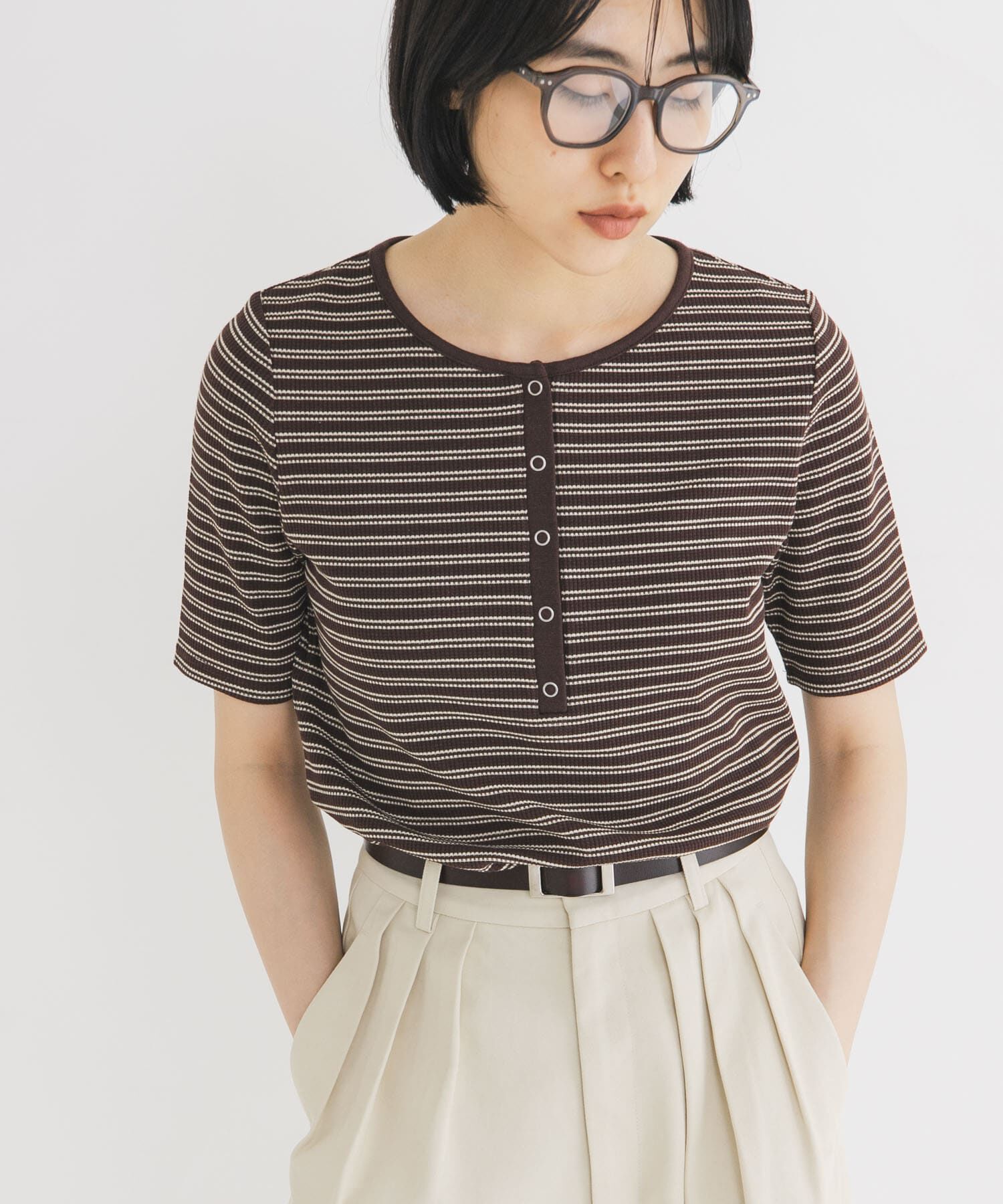  「ワッフルボーダーヘンリネックTEE」|Tシャツ・カットソー|