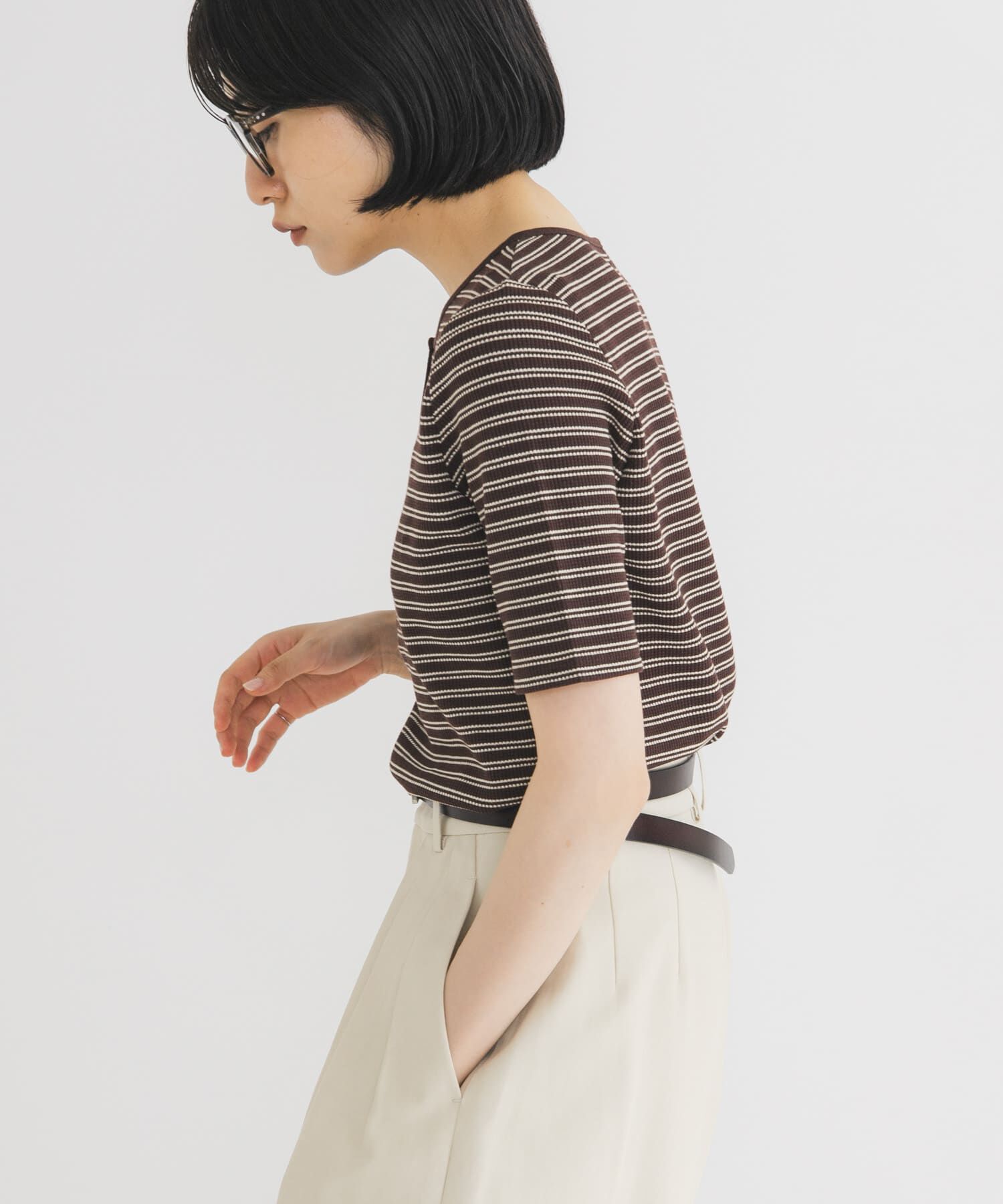  「ワッフルボーダーヘンリネックTEE」|Tシャツ・カットソー|