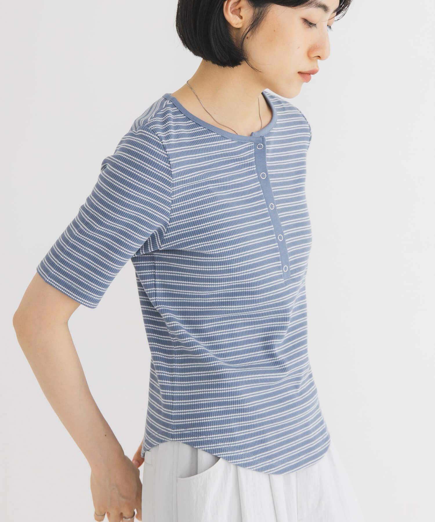  「ワッフルボーダーヘンリネックTEE」|Tシャツ・カットソー|ブルー系その他