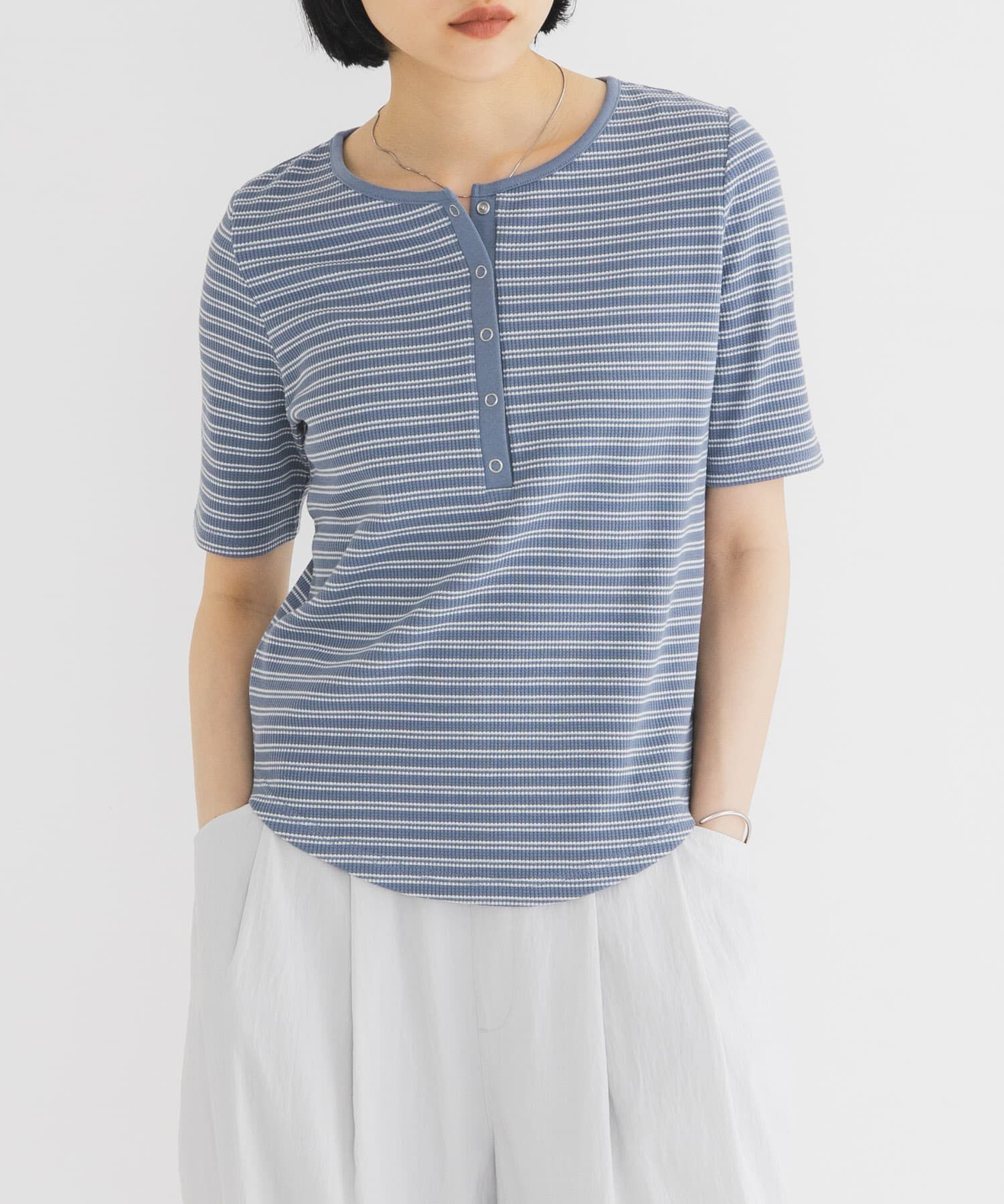  「ワッフルボーダーヘンリネックTEE」|Tシャツ・カットソー|