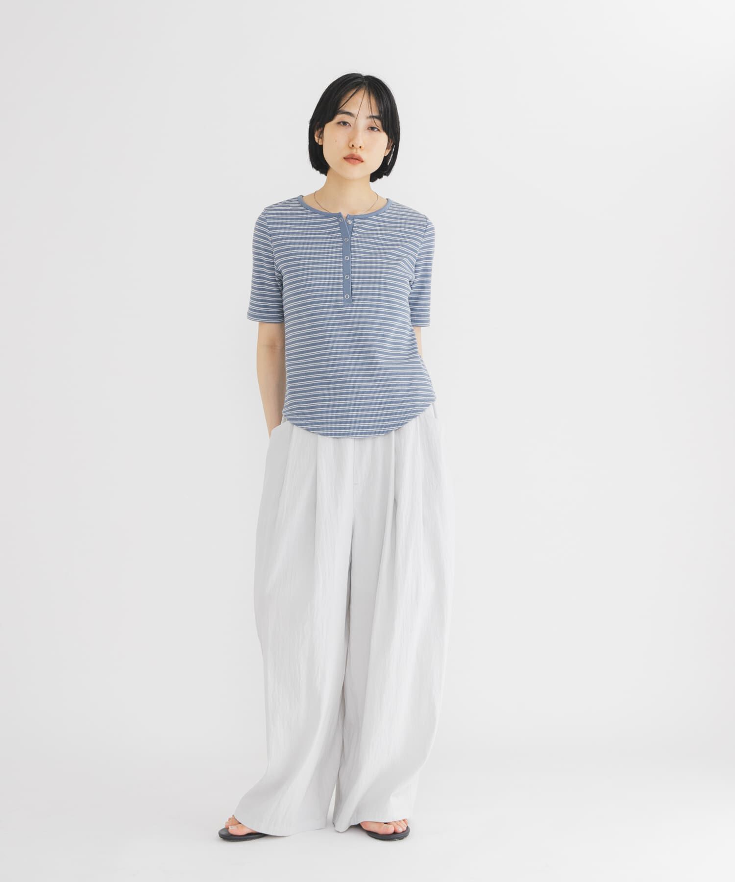  「ワッフルボーダーヘンリネックTEE」|Tシャツ・カットソー|