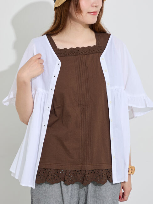 Samansa Mos2「《新色追加》スクエアネックレースノースリーブ【接触冷感】」|Tシャツ・カットソー|ブラウン